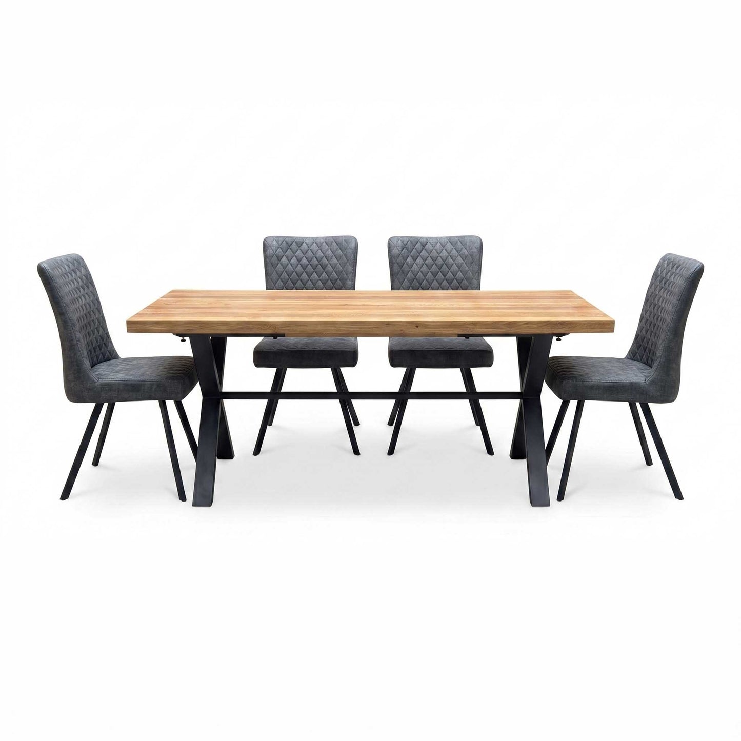 'Earth' Solid Oak 190cm X-Shaped Legs Dining Table with Graphite Grey Faux Leather Set of 4 Dining Chairs