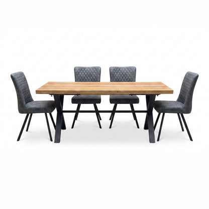 'Earth' Solid Oak 190cm X-Shaped Legs Dining Table with Graphite Grey Faux Leather Set of 4 Dining Chairs