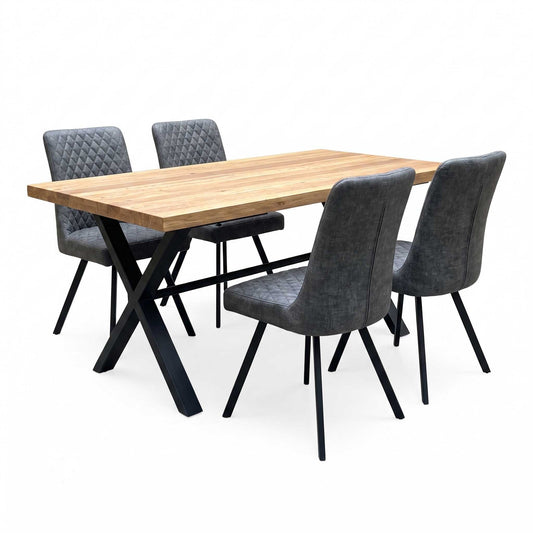 'Earth' Solid Oak 190cm X-Shaped Legs Dining Table with Graphite Grey Faux Leather Set of 4 Dining Chairs