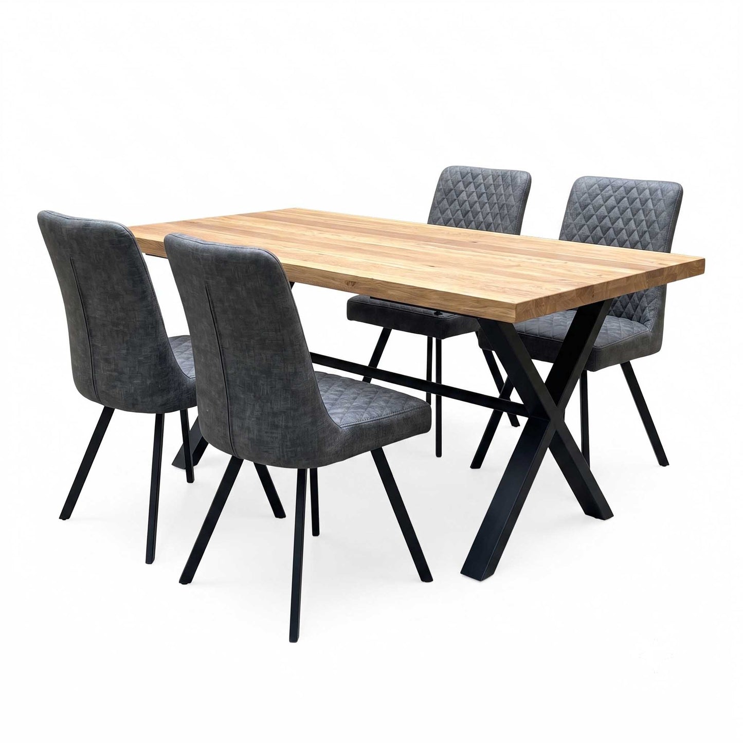 'Earth' Solid Oak 190cm X-Shaped Legs Dining Table with Graphite Grey Faux Leather Set of 4 Dining Chairs