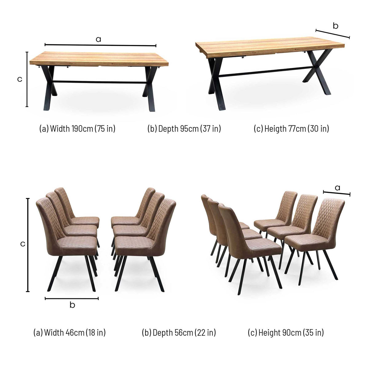 'Earth' Solid Oak 190cm Dining Table with X-Shaped Legs with Tan Brown Faux Leather Set of 6 Dining Chairs