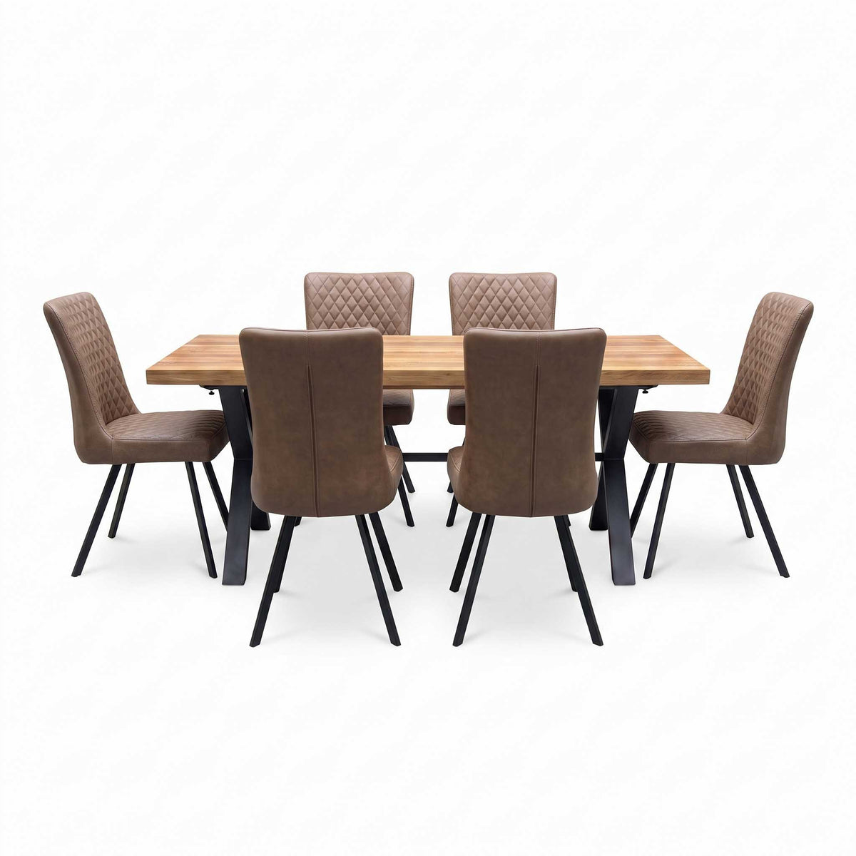 'Earth' Solid Oak 190cm Dining Table with X-Shaped Legs with Tan Brown Faux Leather Set of 6 Dining Chairs