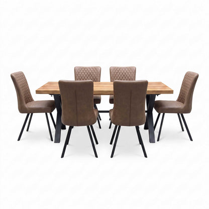 'Earth' Solid Oak 190cm Dining Table with X-Shaped Legs with Tan Brown Faux Leather Set of 6 Dining Chairs