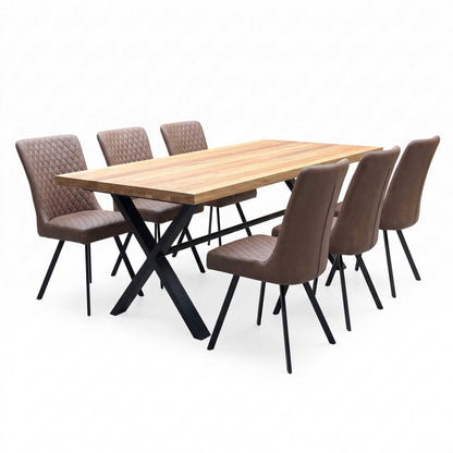 'Earth' Solid Oak 190cm Dining Table with X-Shaped Legs with Tan Brown Faux Leather Set of 6 Dining Chairs