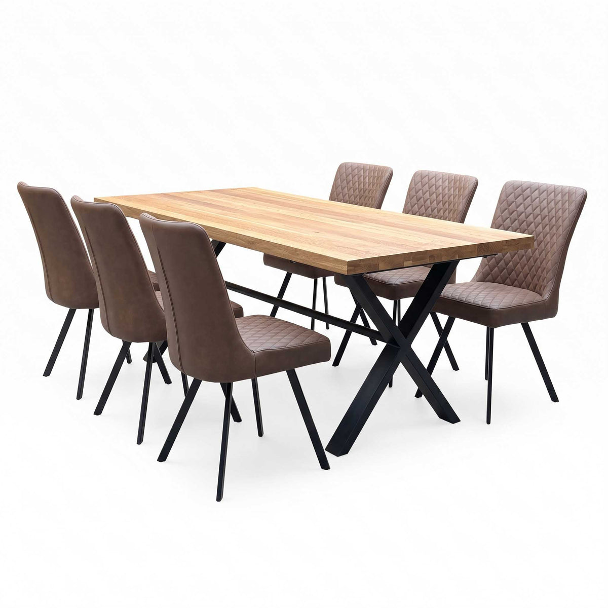 'Earth' Solid Oak 190cm Dining Table with X-Shaped Legs with Tan Brown Faux Leather Set of 6 Dining Chairs