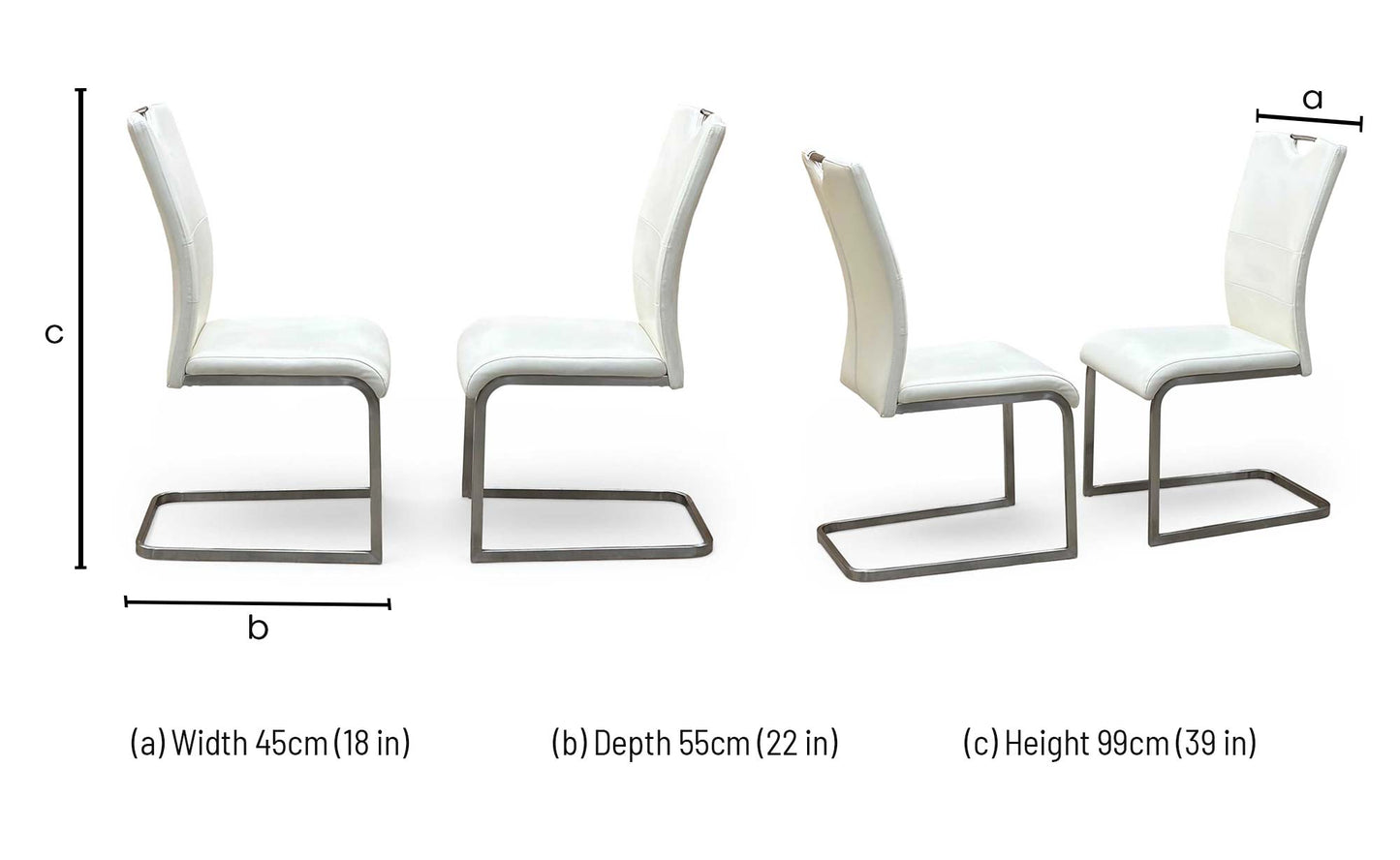 Technical dimensions blueprint and dining space planning layout schematic for the ‘Bianco’ White Faux Leather Cantilever Dining Chair Set of 2.