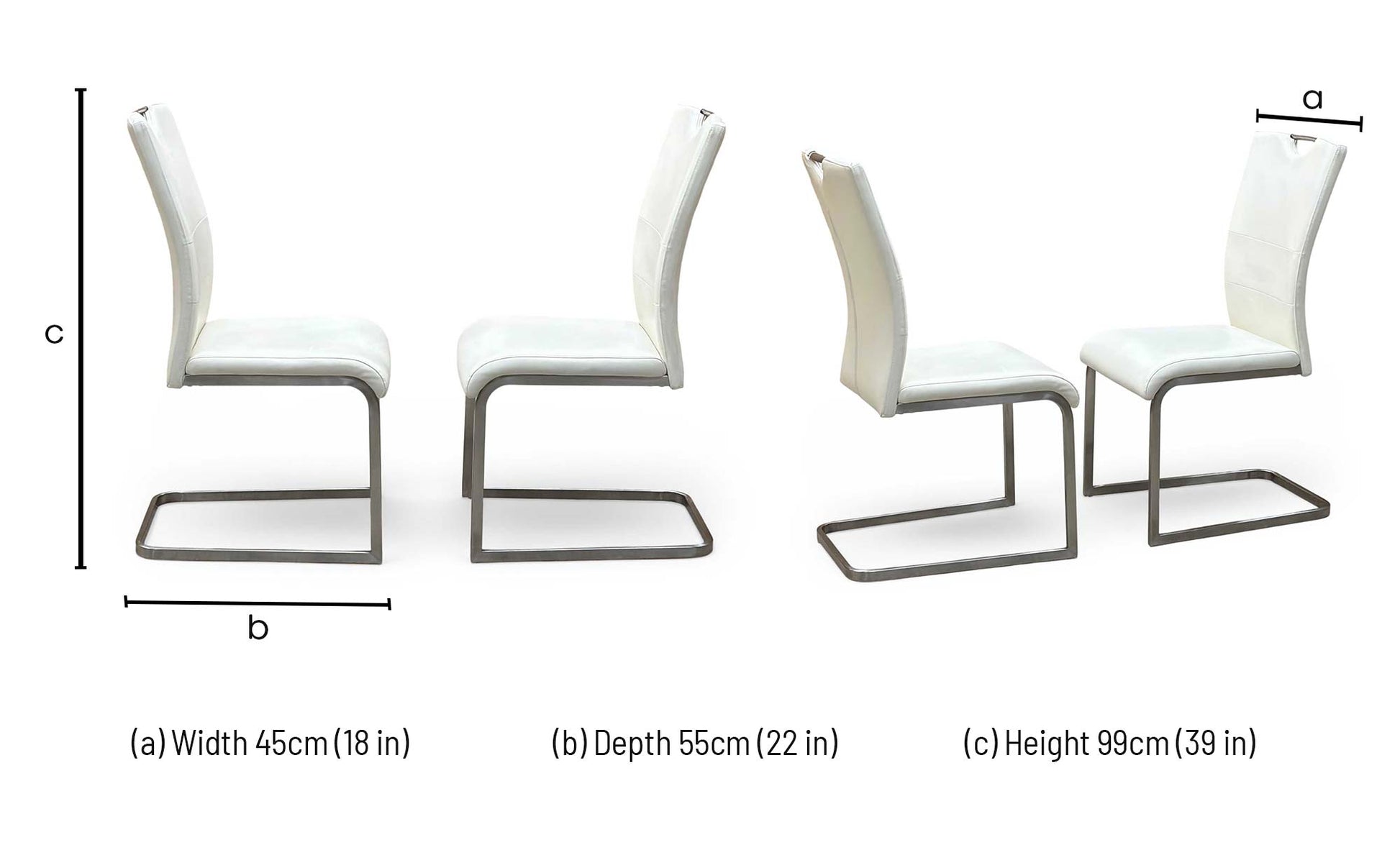 Technical dimensions blueprint and dining space planning layout schematic for the ‘Bianco’ White Faux Leather Cantilever Dining Chair Set of 2.