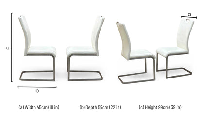 Technical dimensions blueprint and dining space planning layout schematic for the ‘Bianco’ White Faux Leather Cantilever Dining Chair Set of 2.