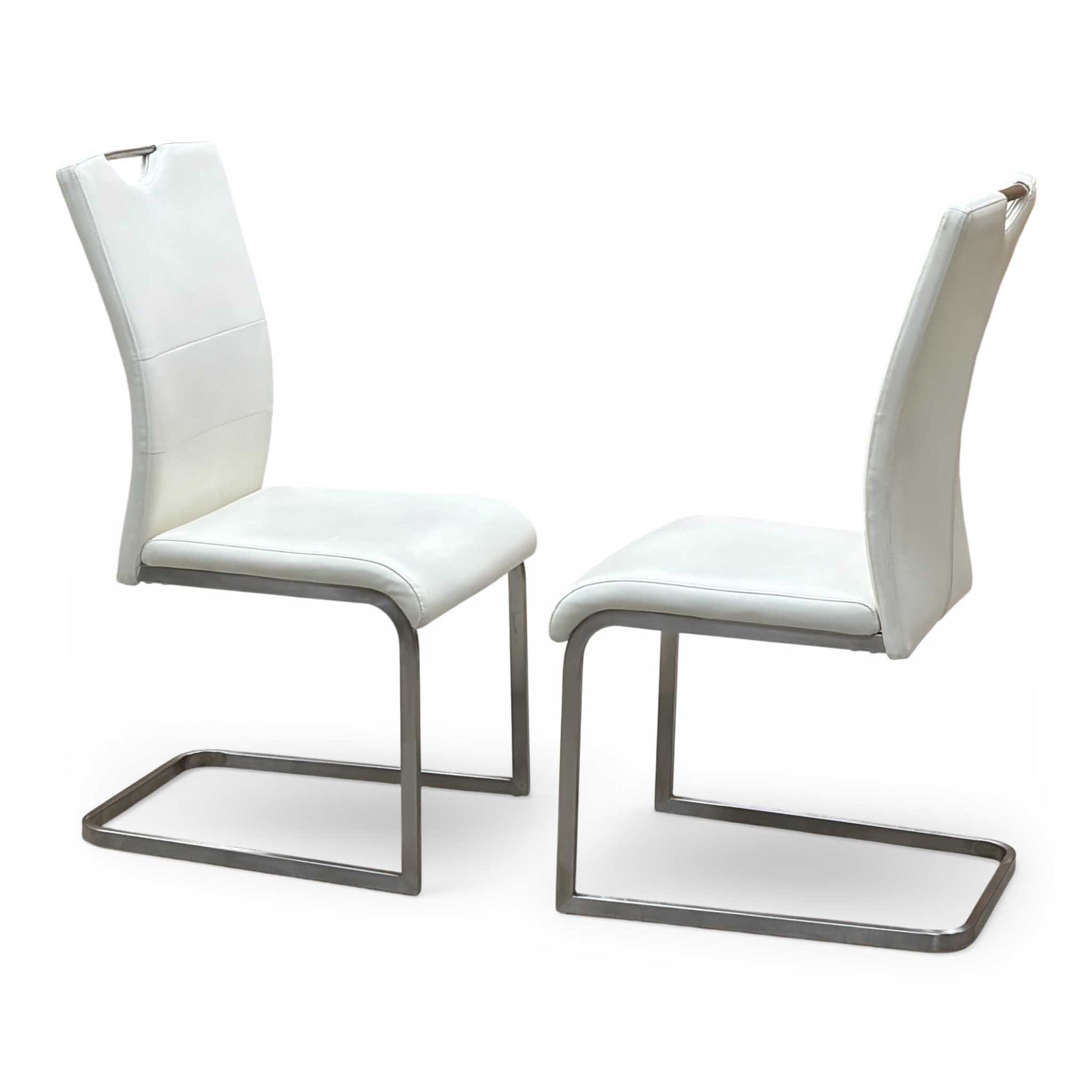 Side perspective profile view of a chair, demonstrating the classic gravity-defying cantilever suspension curve, supportive backrest angle, and sleek polished chrome metal finish.