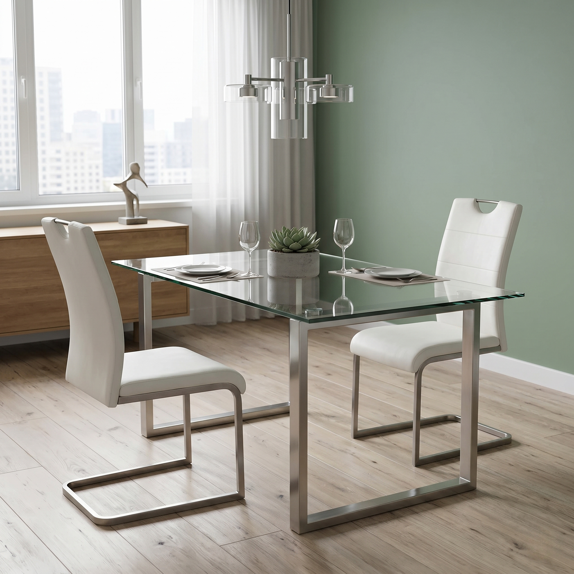Styled upscale dining room lifestyle layout featuring the set of 2 Bianco white cantilever dining chairs neatly arranged at a high-gloss modern white or glass dining table.
