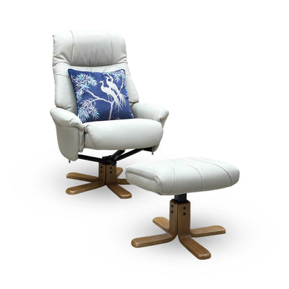 ‘Muscat’ Mushroom Light Grey Leather Swivel Recliner Chair and Footstool