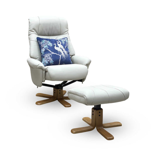 ‘Muscat’ Mushroom Light Grey Leather Swivel Recliner Chair and Footstool