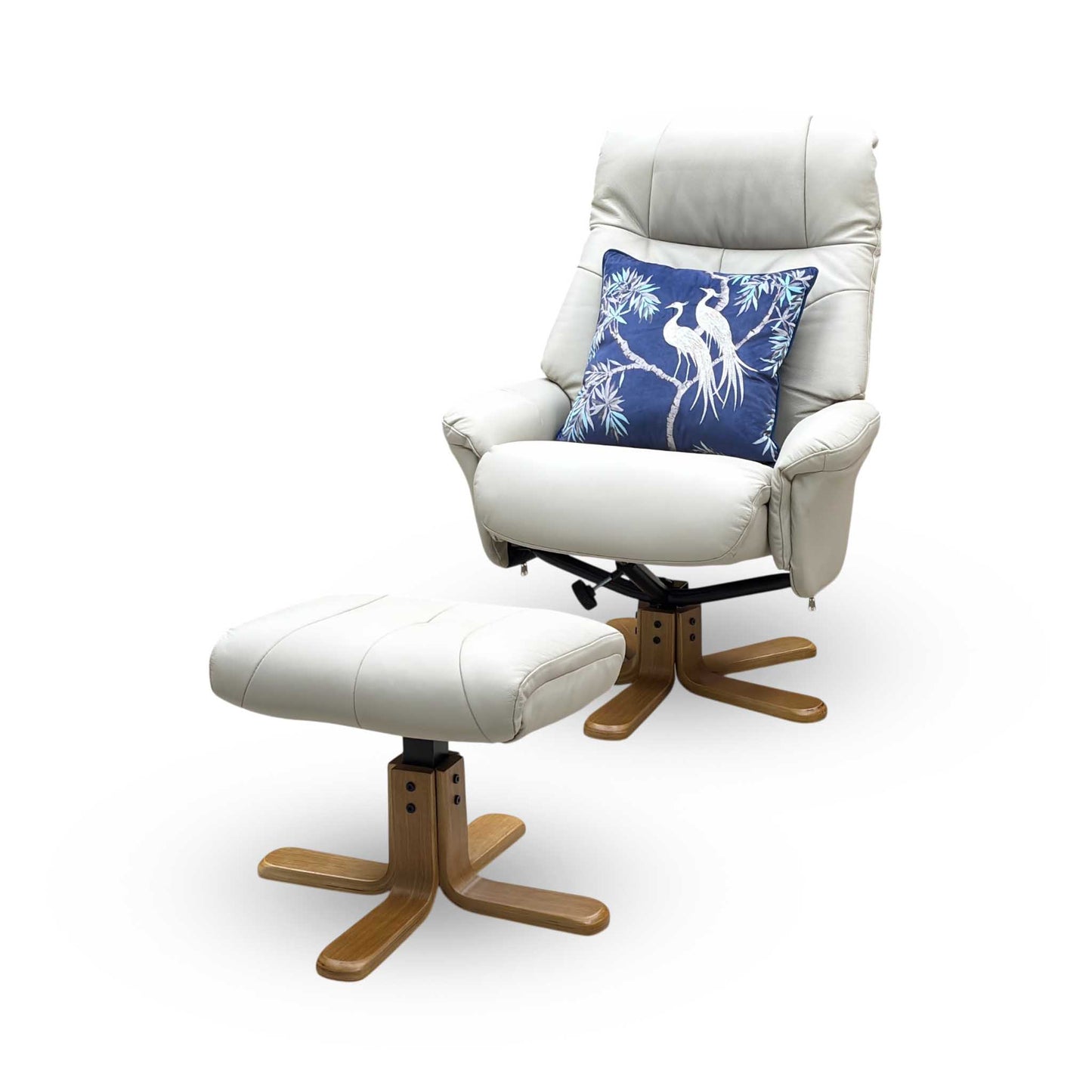 ‘Muscat’ Mushroom Light Grey Leather Swivel Recliner Chair and Footstool