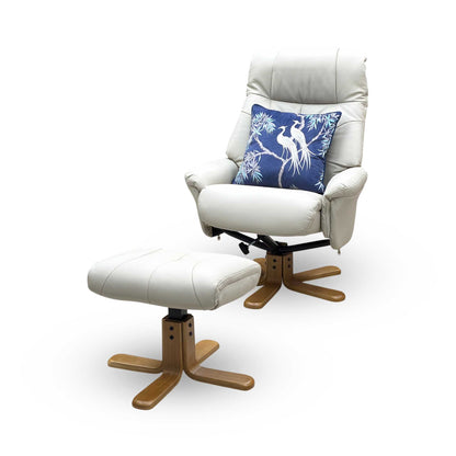‘Muscat’ Mushroom Light Grey Leather Swivel Recliner Chair and Footstool