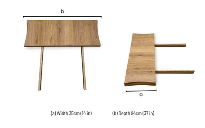 Technical dimensions blueprint and space planning schematic for the ‘Earth’ Solid Oak Live Edge 35cm Extension Leaf.