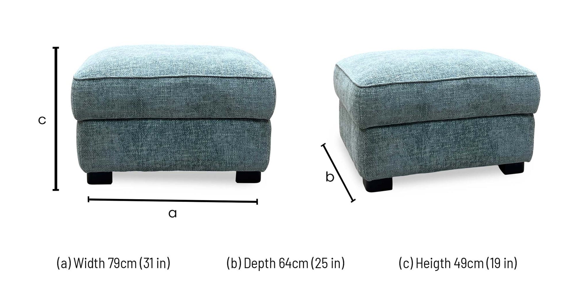 Technical dimensions blueprint and space planning layout schematic for the ‘Elora’ Duck Egg Blue Fabric Storage Footstool. 