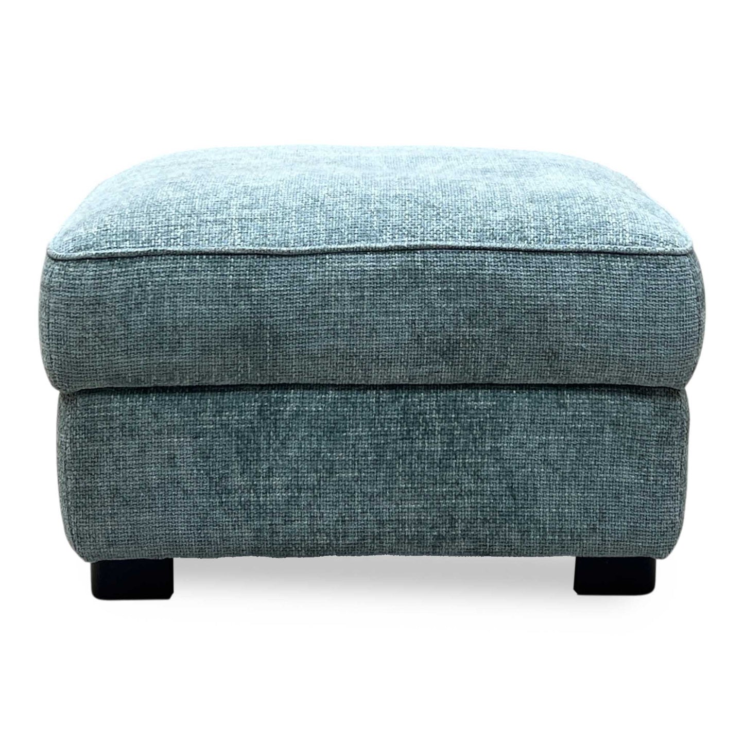 Front-facing view of the Duck Egg Blue fabric storage footstool, highlighting its uniform rectangular silhouette, tightly tailored surface cushion, and symmetrical design.
