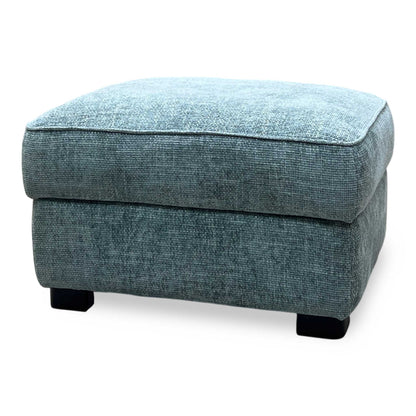 Full View ‘Elora’ contemporary rectangular storage footstool, beautifully upholstered in a soft Duck Egg Blue fabric with clean, minimalist tailoring lines.