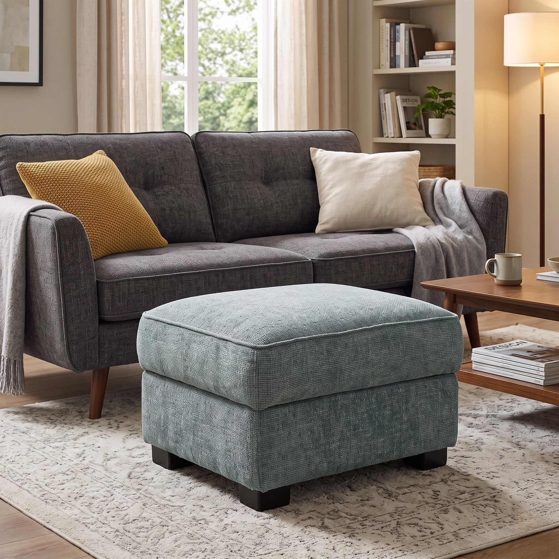Styled modern living room lifestyle layout featuring the Elora Duck Egg Blue storage footstool arranged alongside a sofa setup as a versatile coffee table or extra seating piece.