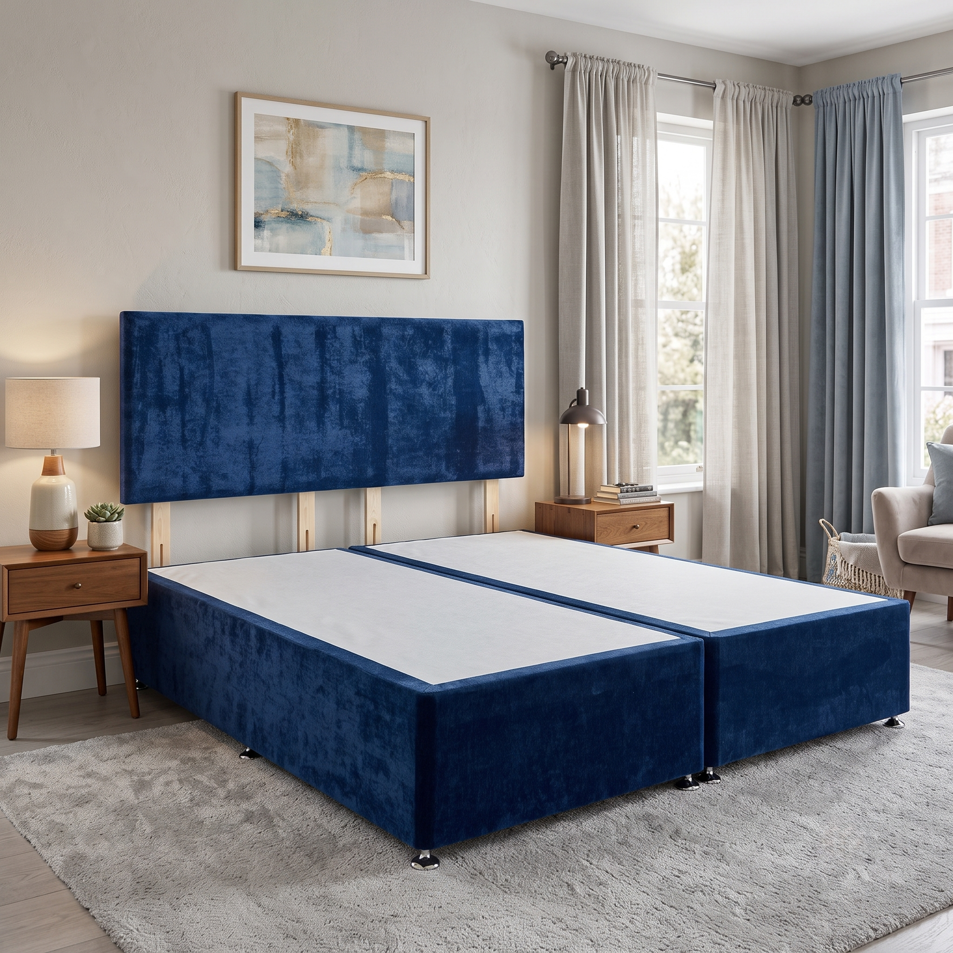‘Dahl’ Sapphire Blue Fabric Headboard + Divan Base - Super King Furniture Village