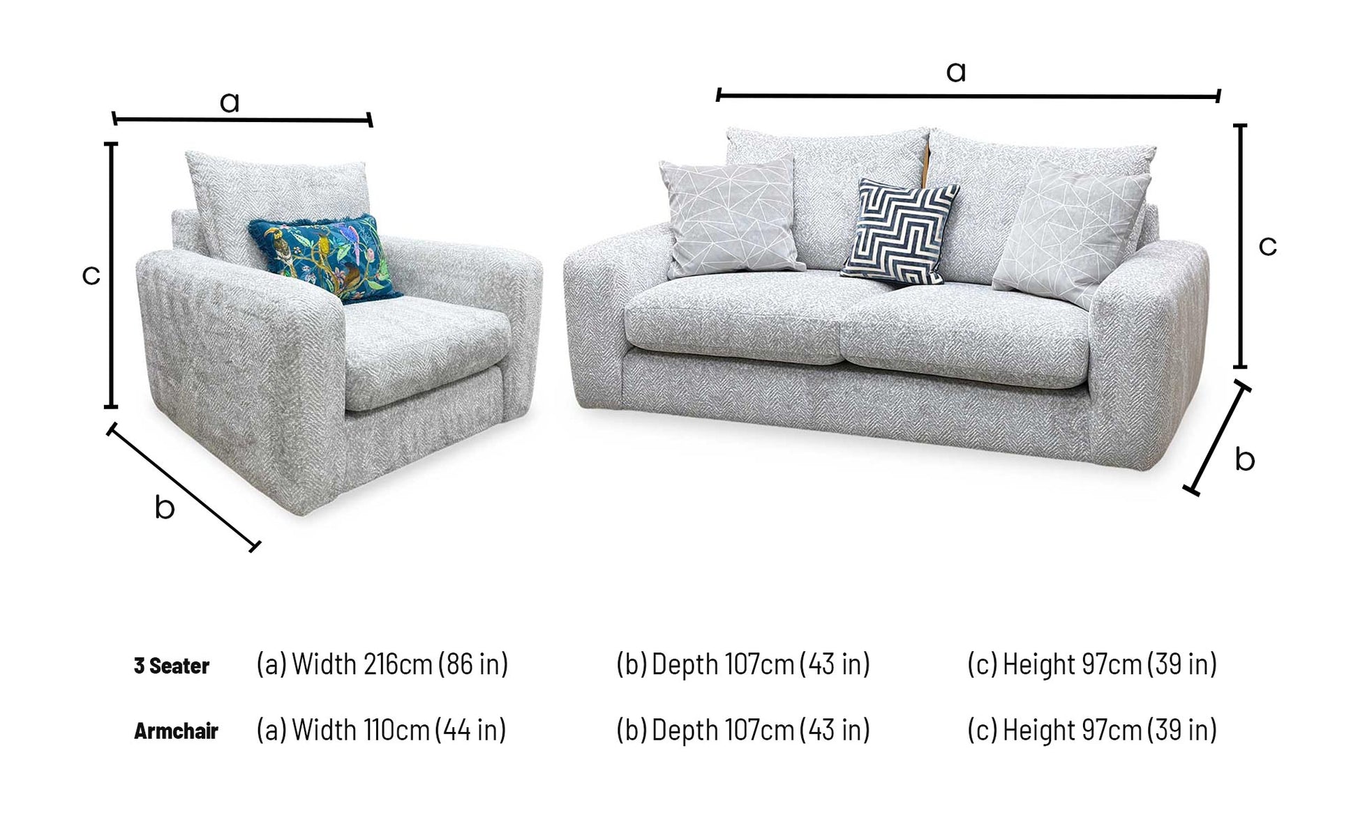 ‘Pandora’ Chevron Silver Fabric 3 Seater + Chair Sofa Set Furniture Village