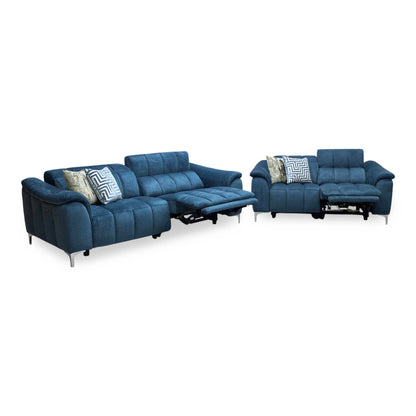 ‘Angelo’ Giula Dark Blue Gl-0108 Fabric 3 + 2 Seater Power Recliner Sofa Set with Power Headrests