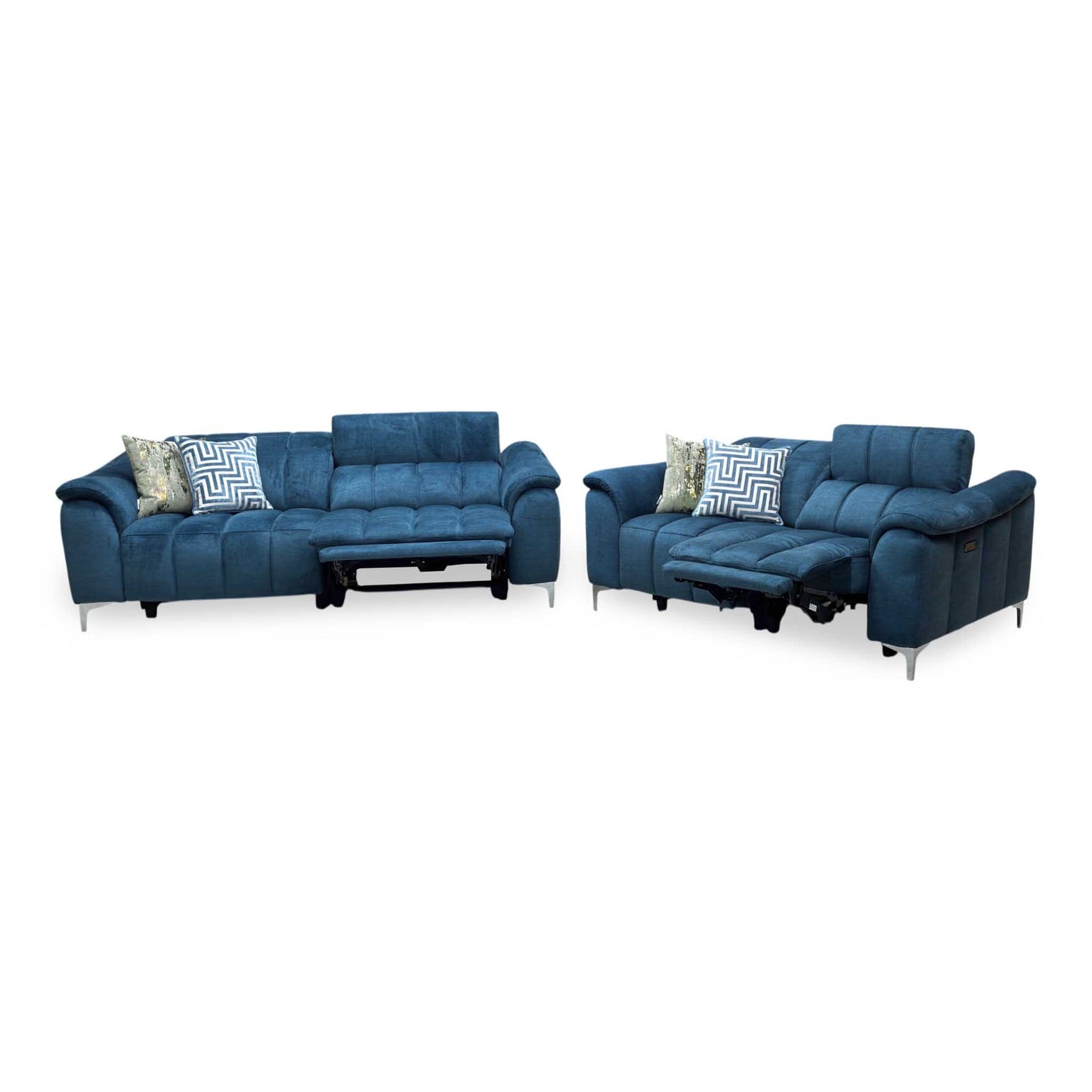 ‘Angelo’ Giula Dark Blue Gl-0108 Fabric 3 + 2 Seater Power Recliner Sofa Set with Power Headrests