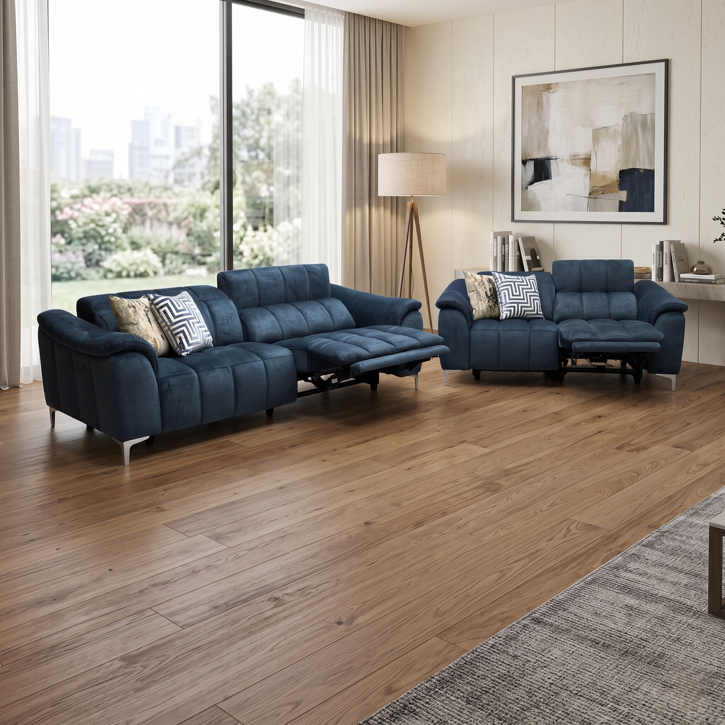 ‘Angelo’ Giula Dark Blue Gl-0108 Fabric 3 + 2 Seater Power Recliner Sofa Set with Power Headrests