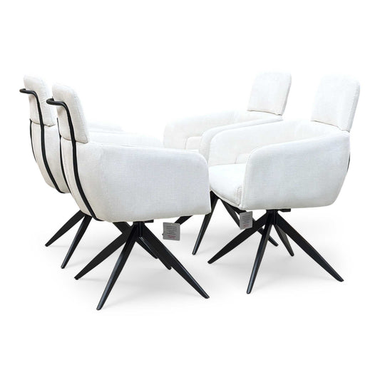 Full View ‘Jason’ contemporary dining room seating suite, featuring a matching set of 4 swivel dining chairs beautifully upholstered in a clean, modern white corduroy fabric.