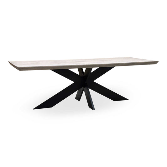 Full view of Bodahl Terra 8 Vintage Grey solid oak 240cm dining table front view. Premium large industrial kitchen table featuring a thick textured rustic oak wood top resting on a sculptural black metal spider star base.