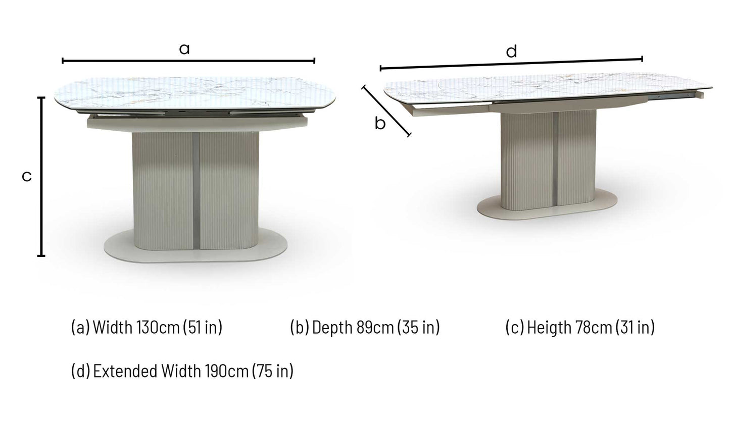 Technical dimension graphic for Avorio Ceramic swivel top extending dining table. Diagram displays precise measurement overlays detailing compact closed length, fully rotated extended length, fixed dining height, and base width clearance.