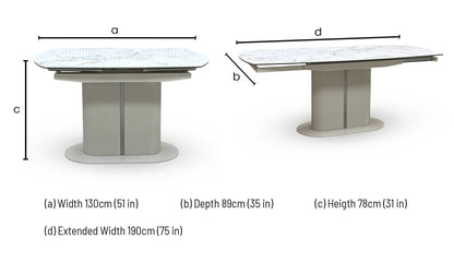 Technical dimension graphic for Avorio Ceramic swivel top extending dining table. Diagram displays precise measurement overlays detailing compact closed length, fully rotated extended length, fixed dining height, and base width clearance.