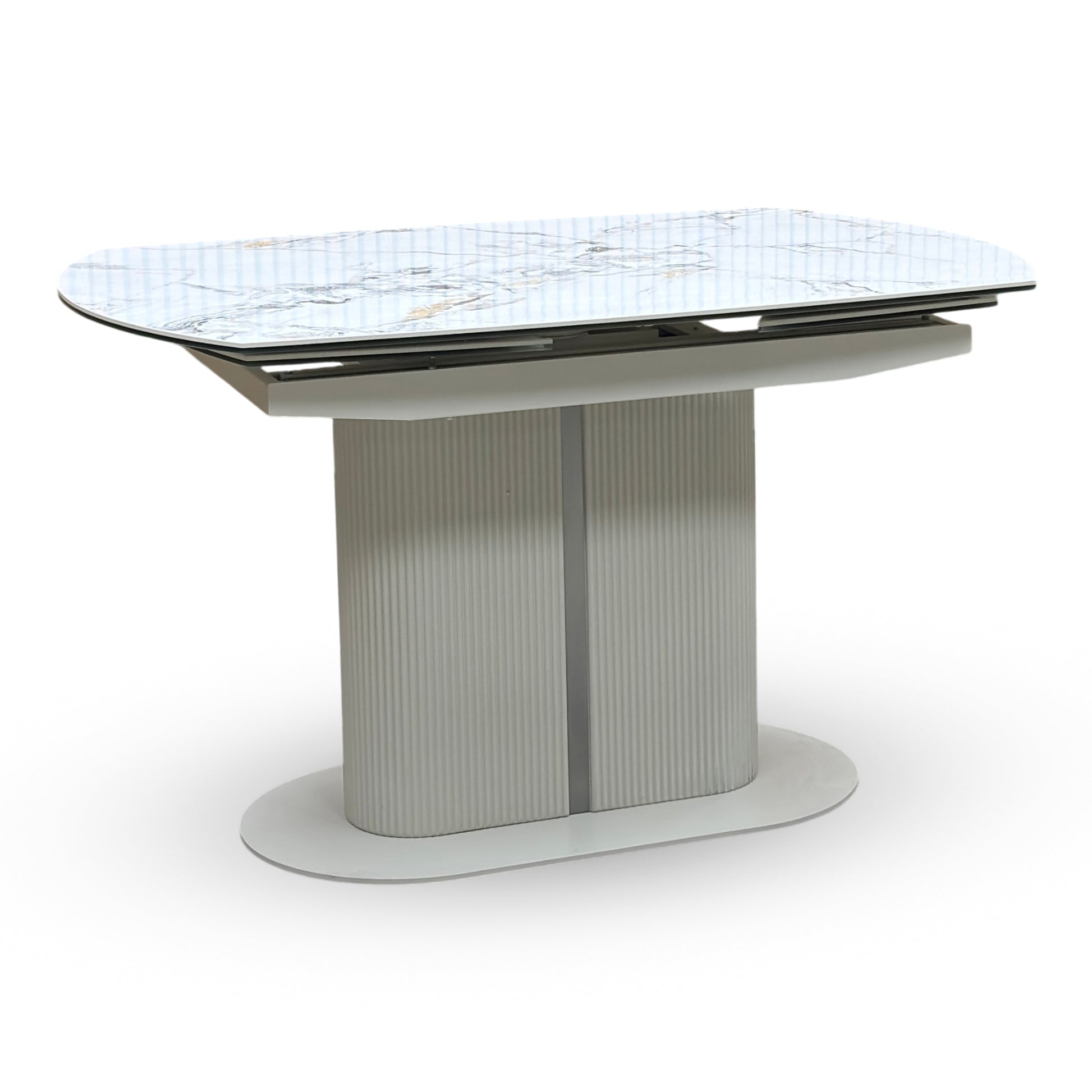 Under-table view of the Avorio swivel extending table's mechanical engineering. Highlights the smooth-glide rotating steel ring track and heavy-duty pivot bearings that allow the ceramic top to twist and expand effortlessly.