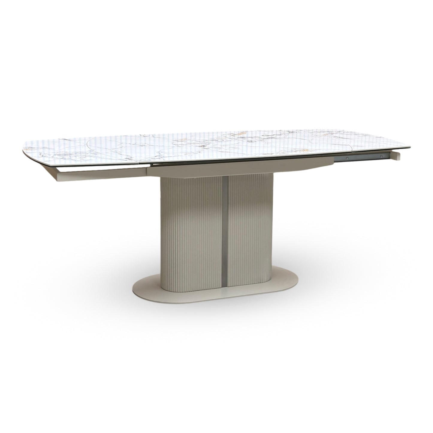 Full view of Avorio Ceramic swivel top extending dining table front view in compact closed position. Contemporary kitchen table featuring a bright white and cream marble-effect ceramic surface on a sculptural, textured pedestal base.