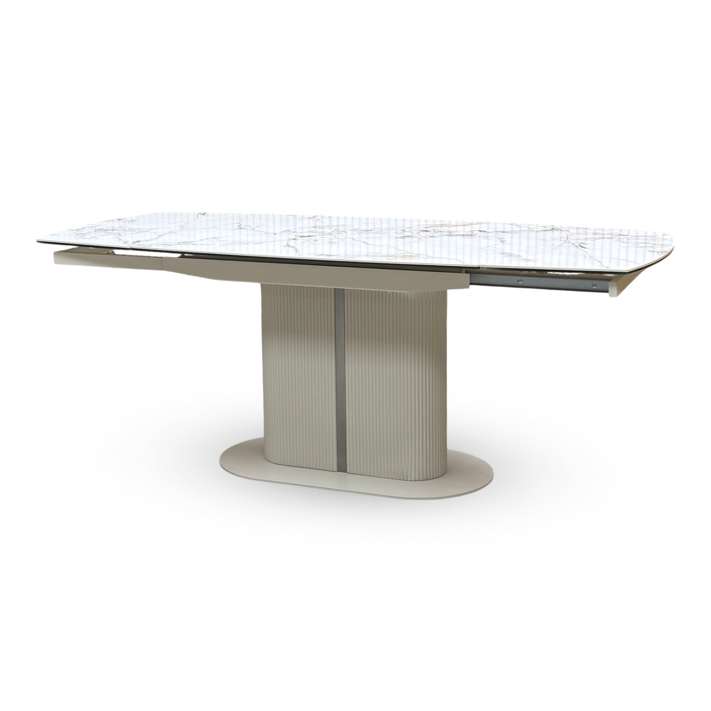 Side view of the modern architectural pedestal base on the Avorio ceramic dining table. Highlights the heavy-duty fluted or ribbed column support frame and the sleek matching floor-anchoring base plate.