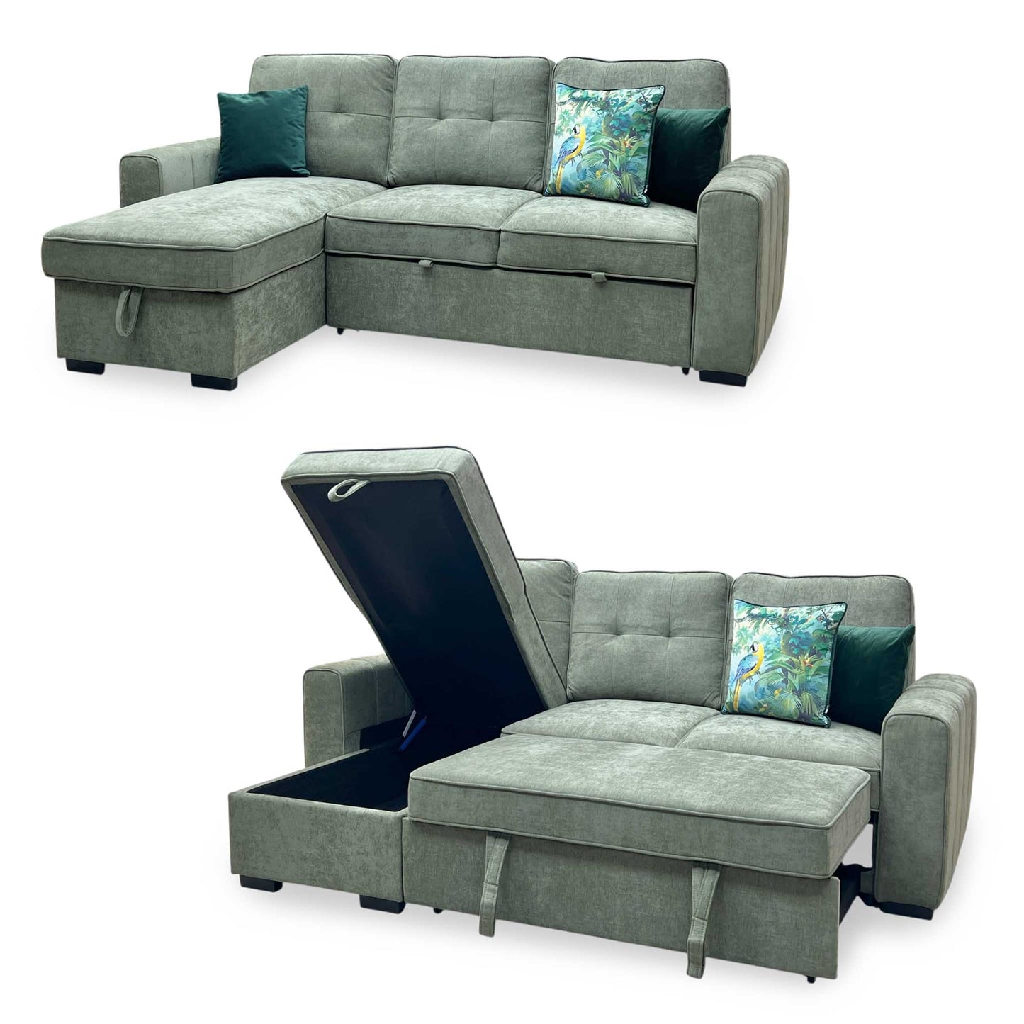 ‘Terry’ Sage Green Fabric Reversible Corner Sofa Bed with Storage Chaise