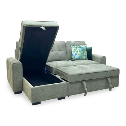 ‘Terry’ Sage Green Fabric Reversible Corner Sofa Bed with Storage Chaise