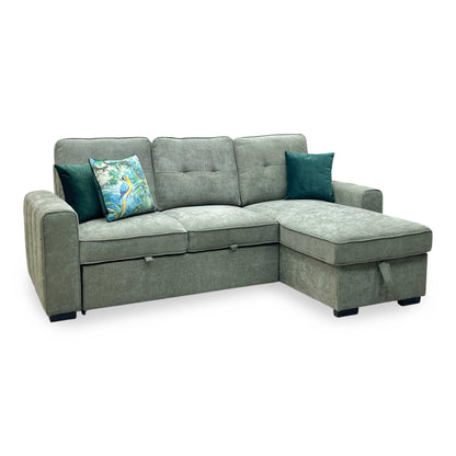 ‘Terry’ Sage Green Fabric Reversible Corner Sofa Bed with Storage Chaise