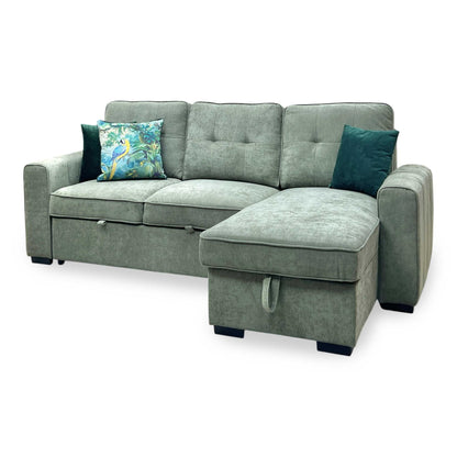 ‘Terry’ Sage Green Fabric Reversible Corner Sofa Bed with Storage Chaise