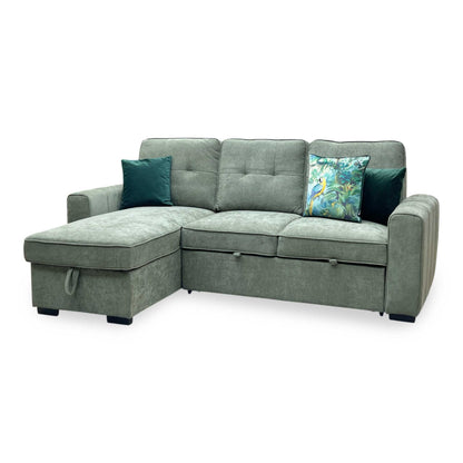 ‘Terry’ Sage Green Fabric Reversible Corner Sofa Bed with Storage Chaise