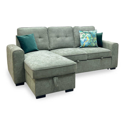 ‘Terry’ Sage Green Fabric Reversible Corner Sofa Bed with Storage Chaise