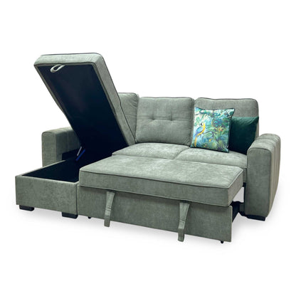 ‘Terry’ Sage Green Fabric Reversible Corner Sofa Bed with Storage Chaise