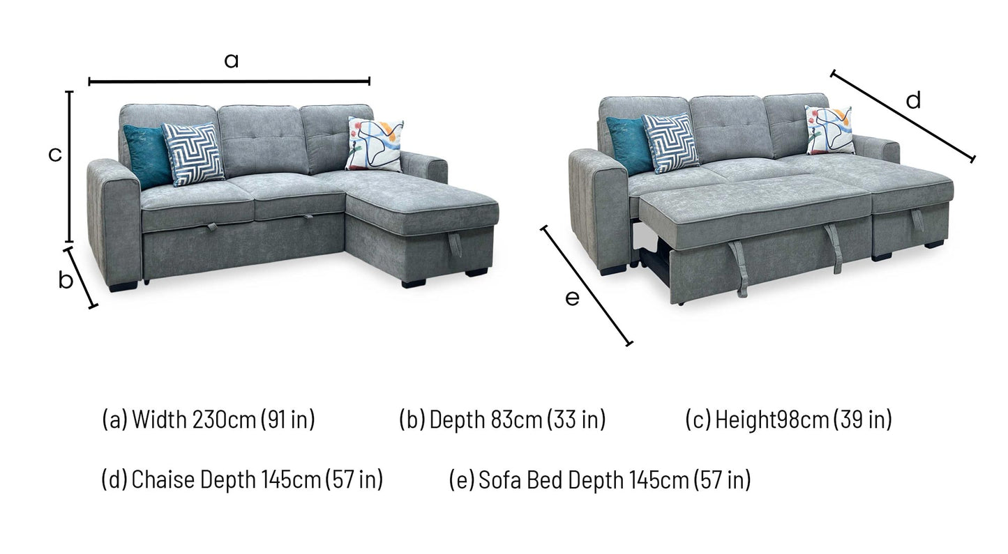 ‘Terry’ Grey Fabric Reversible Corner Sofa Bed with Storage Chaise