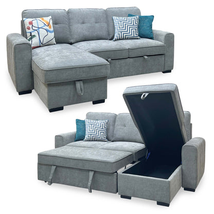 ‘Terry’ Grey Fabric Reversible Corner Sofa Bed with Storage Chaise