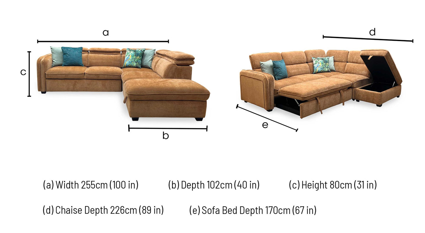 ‘Rodney’ Rust Brown Fabric Right Hand Facing Corner Sofa Bed with Storage