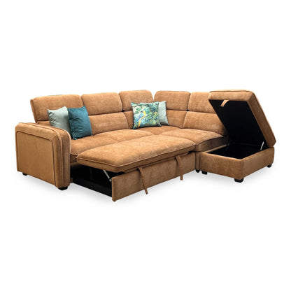 ‘Rodney’ Rust Brown Fabric Right Hand Facing Corner Sofa Bed with Storage