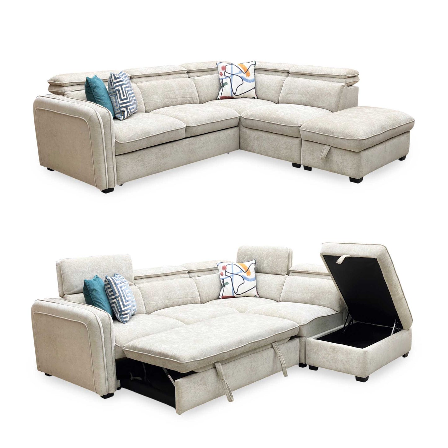 ‘Rodney’ Oatmeal Fabric Right Hand Facing Corner Sofa Bed with Storage