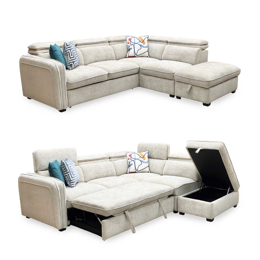 ‘Rodney’ Oatmeal Fabric Right Hand Facing Corner Sofa Bed with Storage