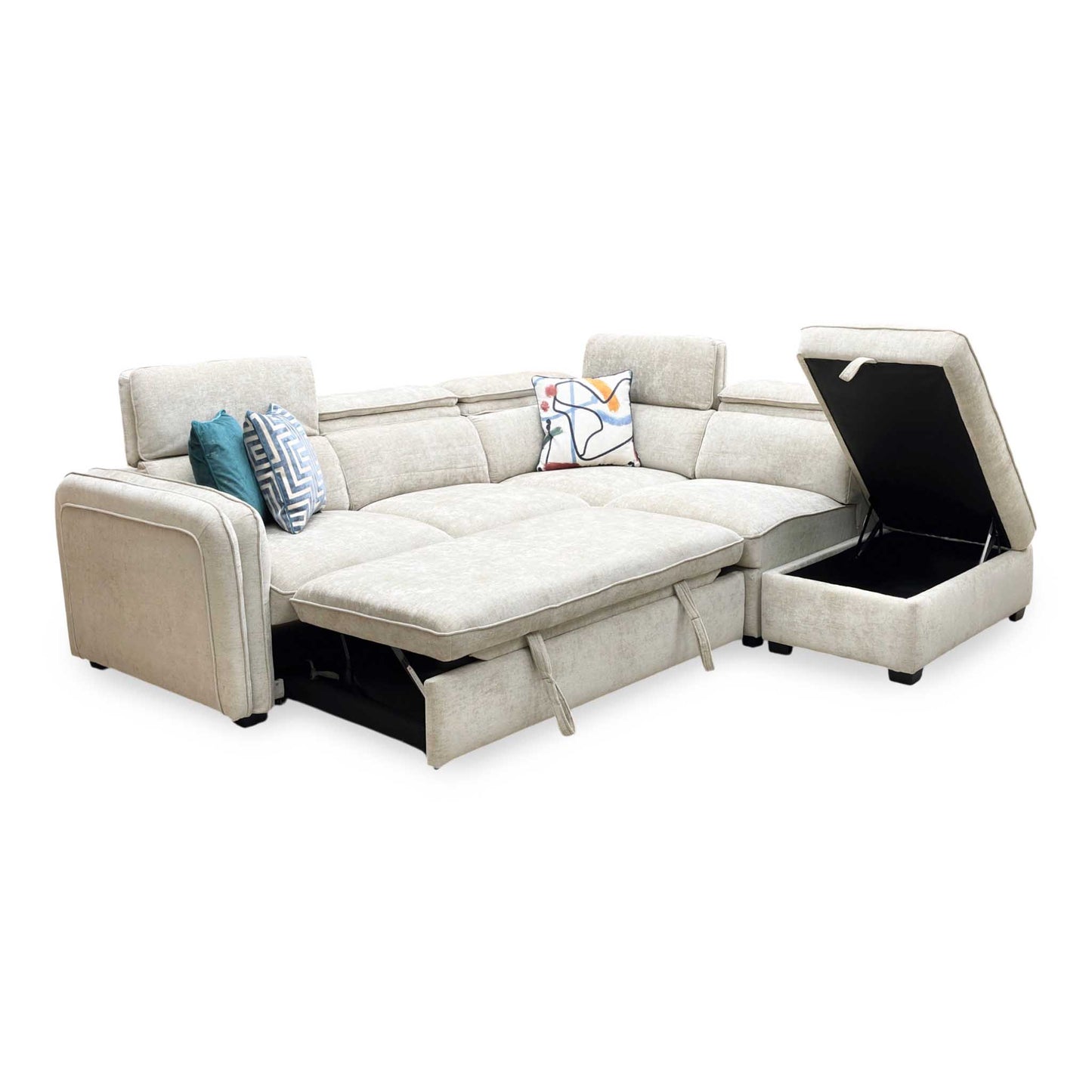 ‘Rodney’ Oatmeal Fabric Right Hand Facing Corner Sofa Bed with Storage