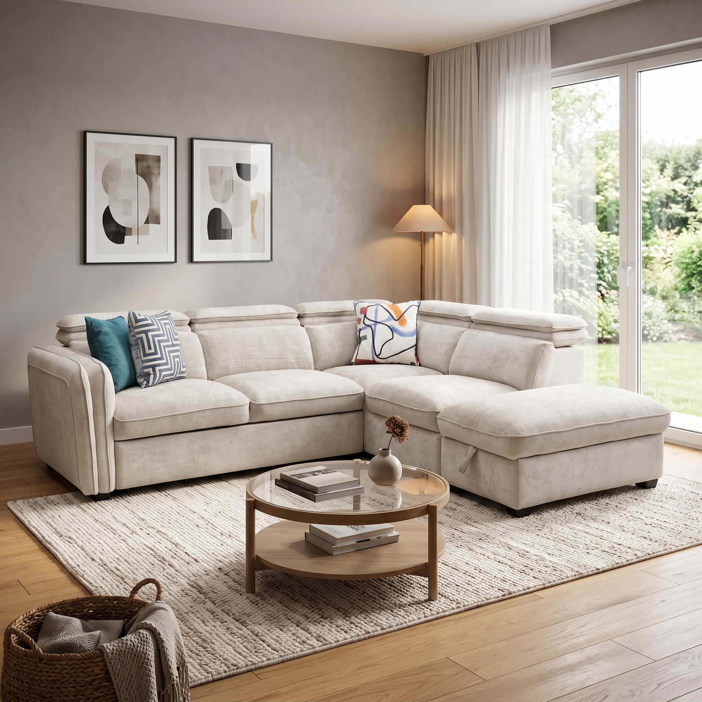 ‘Rodney’ Oatmeal Fabric Right Hand Facing Corner Sofa Bed with Storage